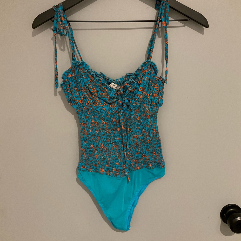 Free People Floral Blue and Orange Bodysuit